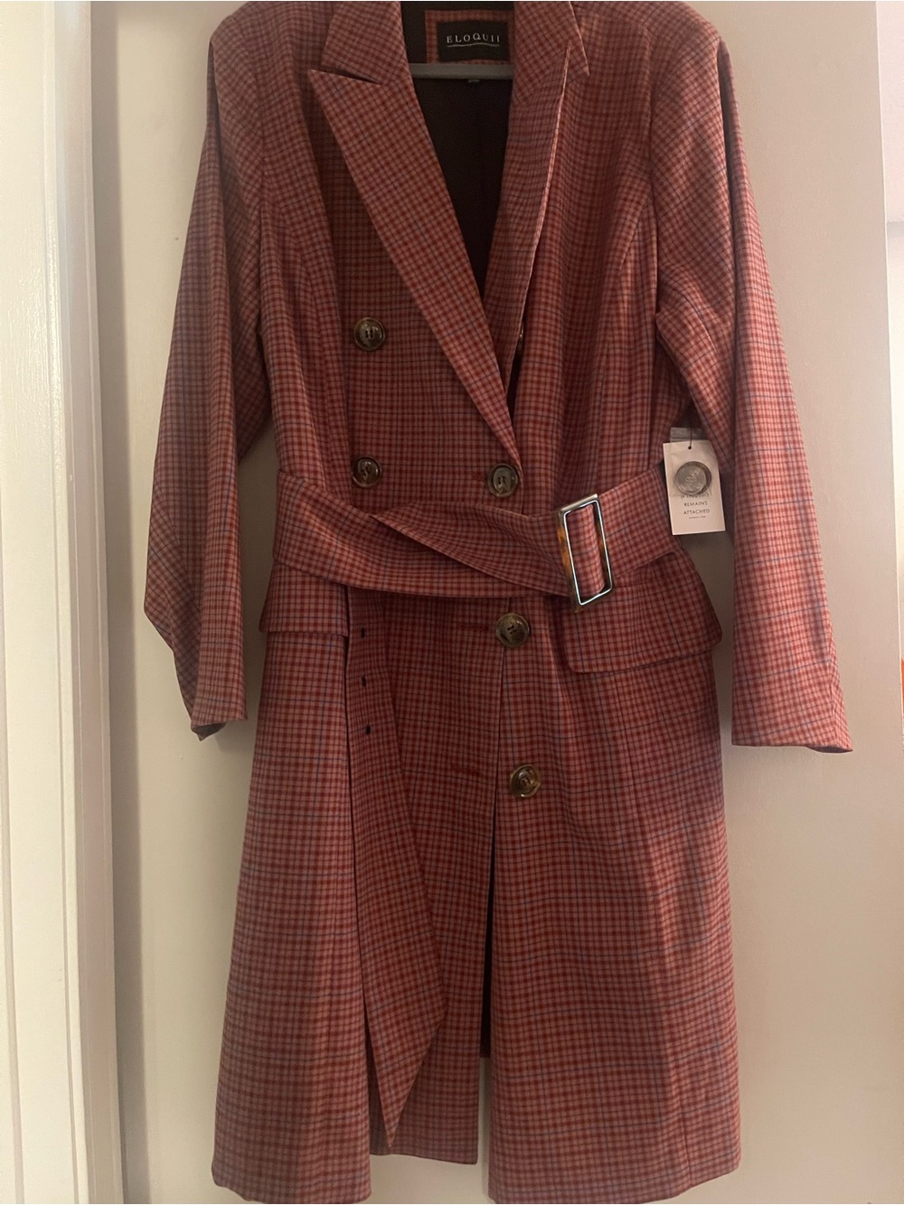 Eloquii Red Plaid Double-Breasted Belted Trench Coat